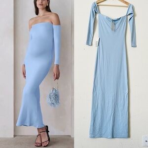 NWT BUMPSUIT XS The Angelina off the shoulder bodycon maxi dress in Powder Blue